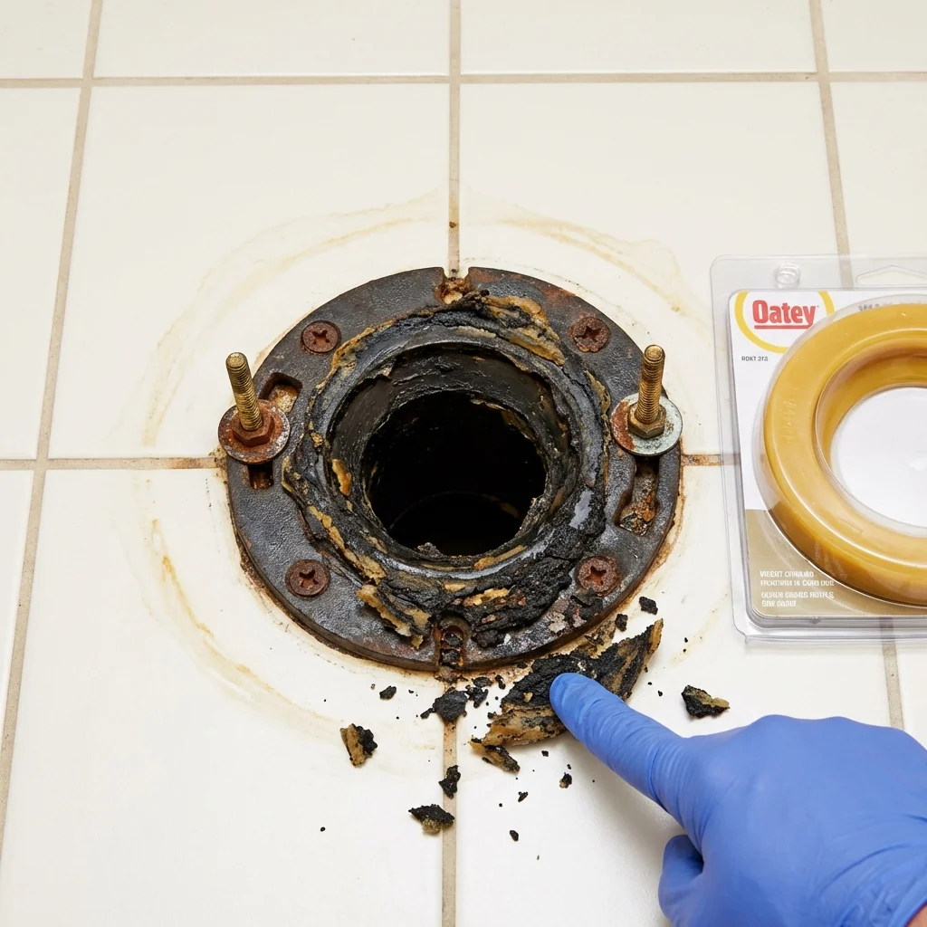 Failed wax ring showing water seepage at the base of a toilet in a Allendale, SC home