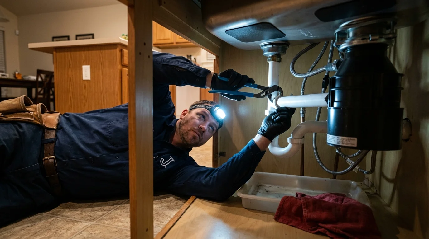 P-trap and supply line connections under a kitchen sink showing a common leak point in Allendale, SC